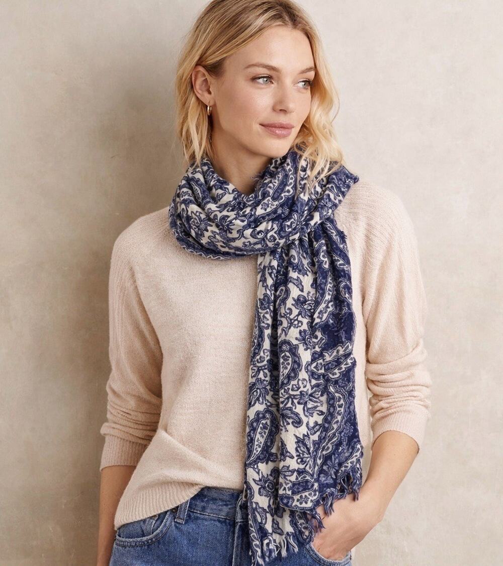 Anthropologie Blue and Cream Paisley Wrap Scarf